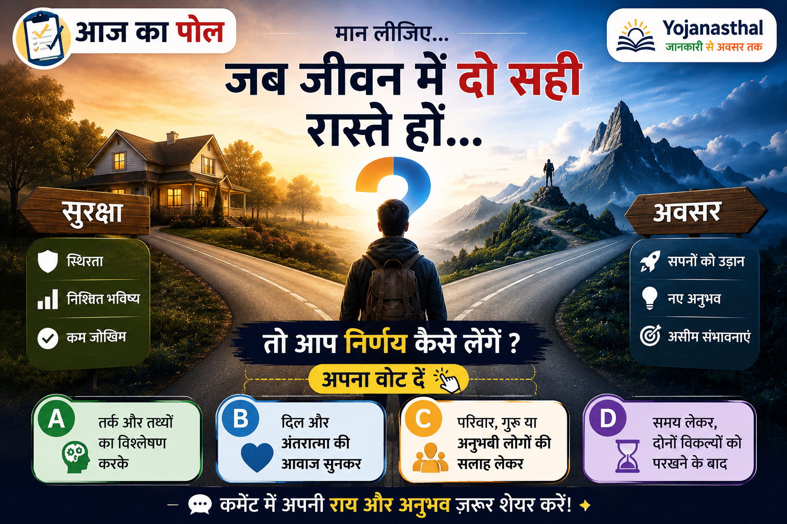 आज का पोल: जब जीवन में दो सही रास्ते हों, तो आप निर्णय कैसे लेते हैं?