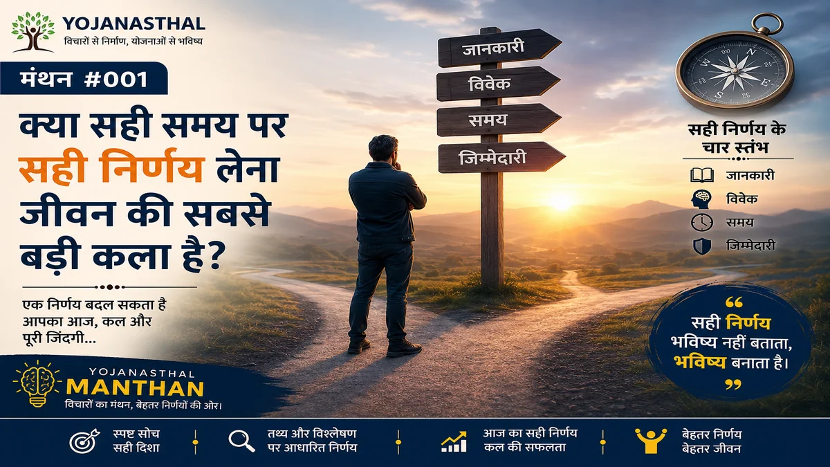 Yojanasthal Manthan #001 की फीचर्ड इमेज, जिसमें जीवन के महत्वपूर्ण निर्णय, सही समय, विवेक और जिम्मेदारी के महत्व को प्रतीकात्मक रूप से दर्शाया गया है।
